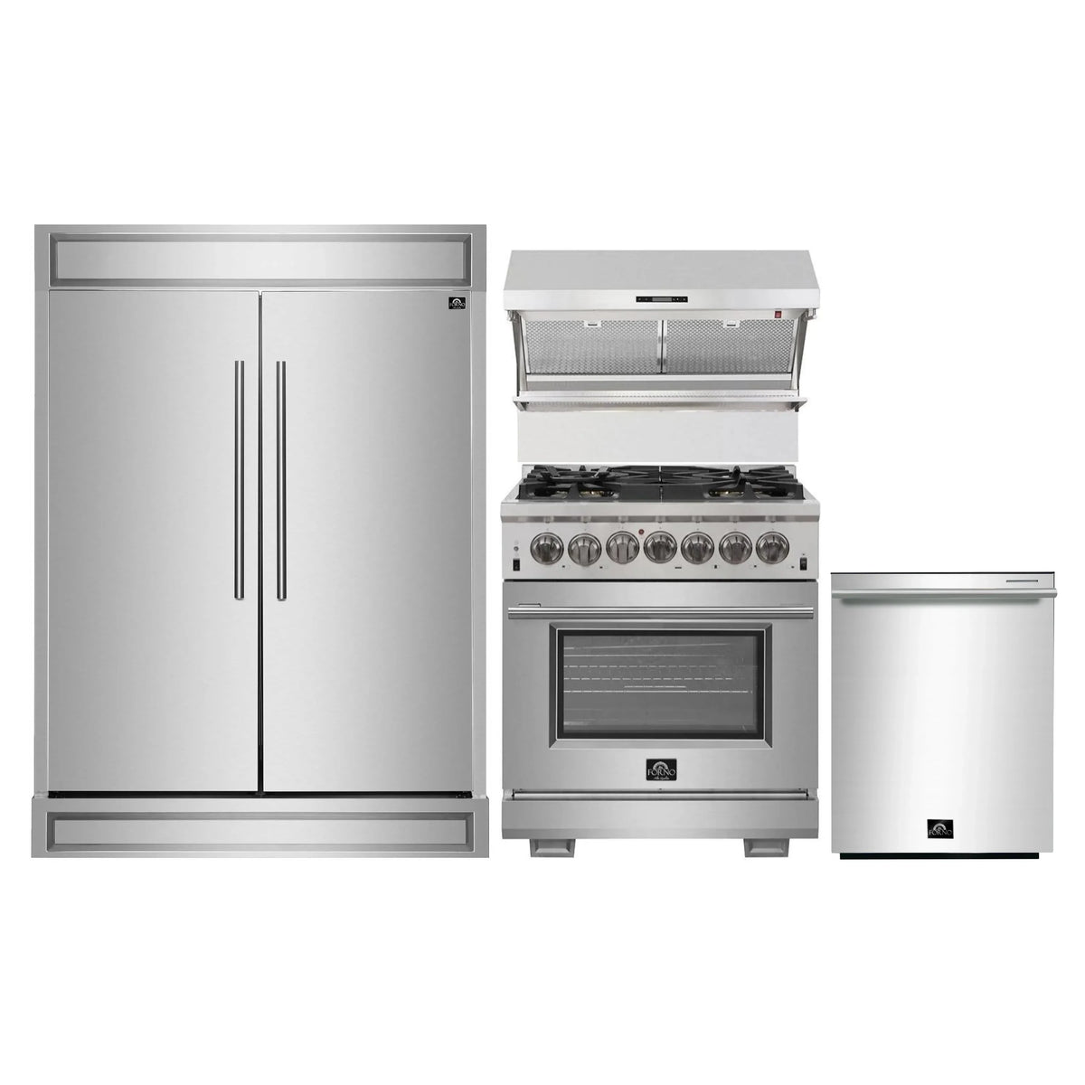 Forno 4-Piece Pro Appliance Package - 30-Inch Dual Fuel Range, Premium Hood, Pro-Style Refrigerator, and Dishwasher in Stainless Steel