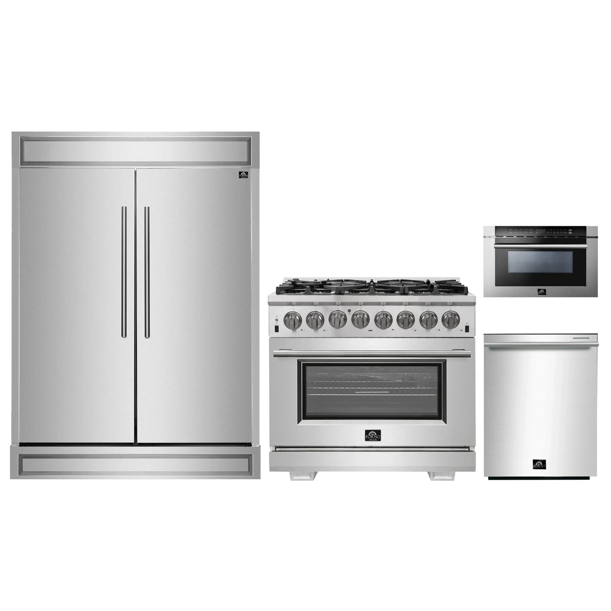 Forno 4-Piece Pro Appliance Package - 36-Inch Dual Fuel Range, 60-Inch Pro-Style Refrigerator, 24-Inch Microwave Drawer, & 3-Rack Dishwasher in Stainless Steel
