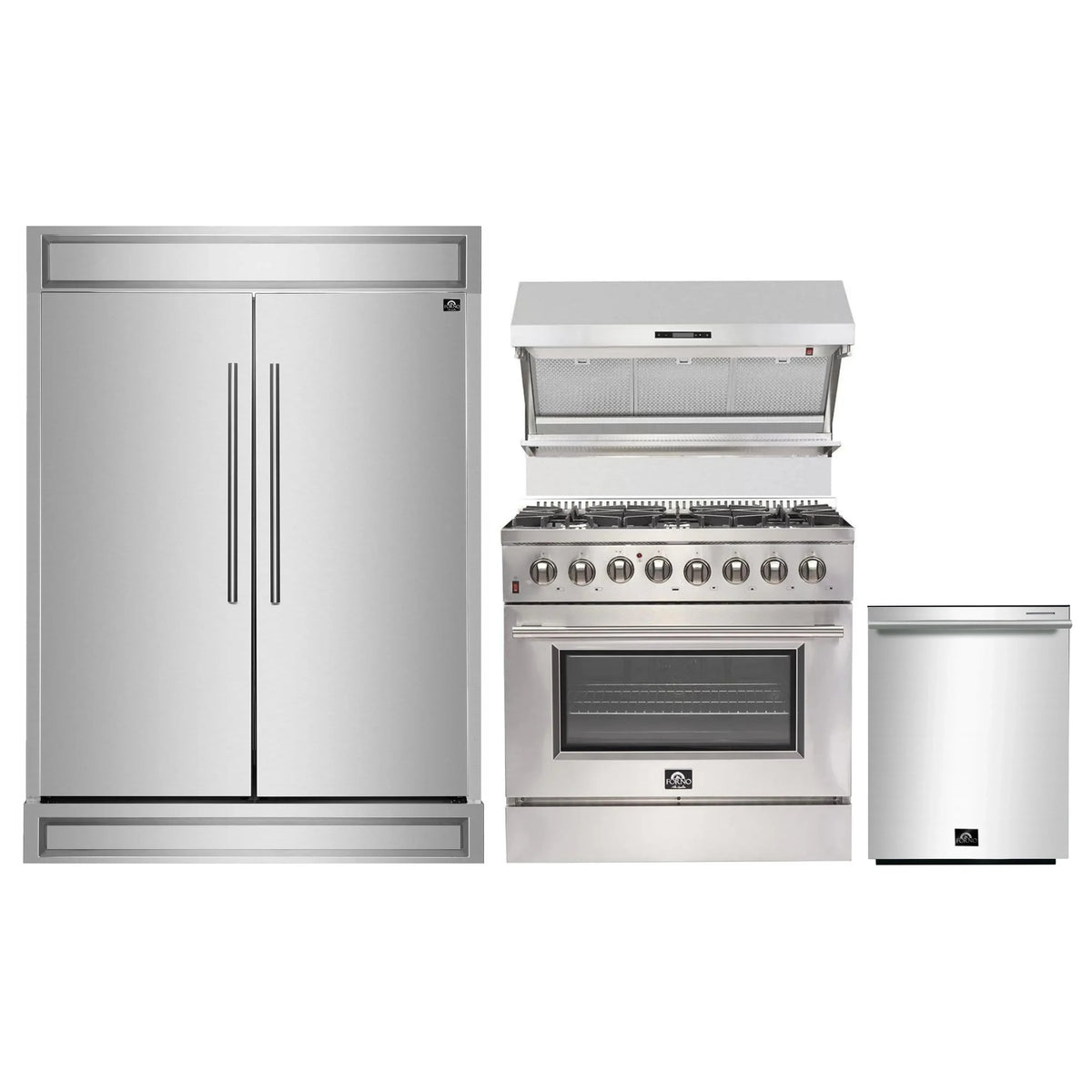 Forno 4-Piece Pro Appliance Package - 36-Inch Dual Fuel Range, Pro-Style Refrigerator, Wall Mount Hood with Backsplash, and Dishwasher in Stainless Steel