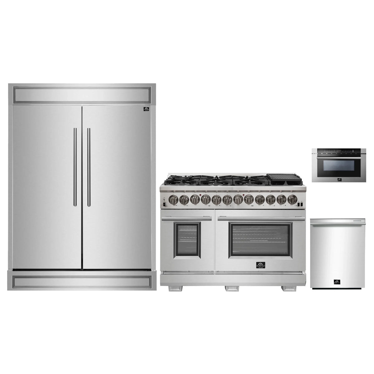 Forno 4-Piece Pro Appliance Package - 48-Inch Dual Fuel Range, 60-Inch Pro-Style Refrigerator, 24-Inch Microwave Drawer, & 3-Rack Dishwasher in Stainless Steel