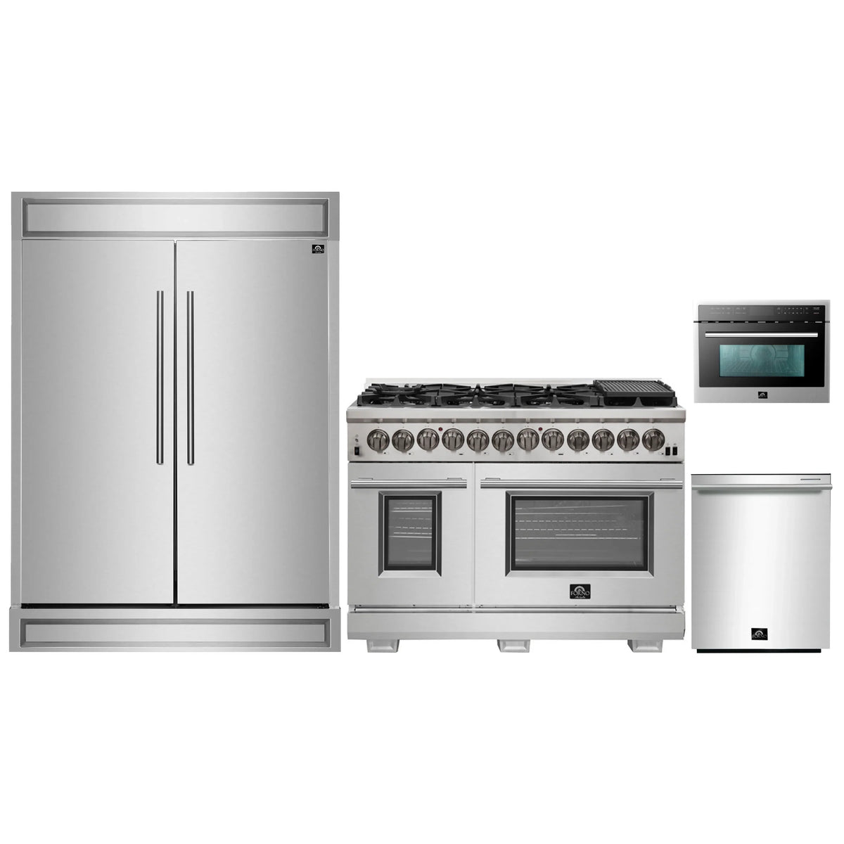 Forno 4-Piece Pro Appliance Package - 48-Inch Dual Fuel Range, 60-Inch Pro-Style Refrigerator, 24-Inch Microwave Oven, & 3-Rack Dishwasher in Stainless Steel
