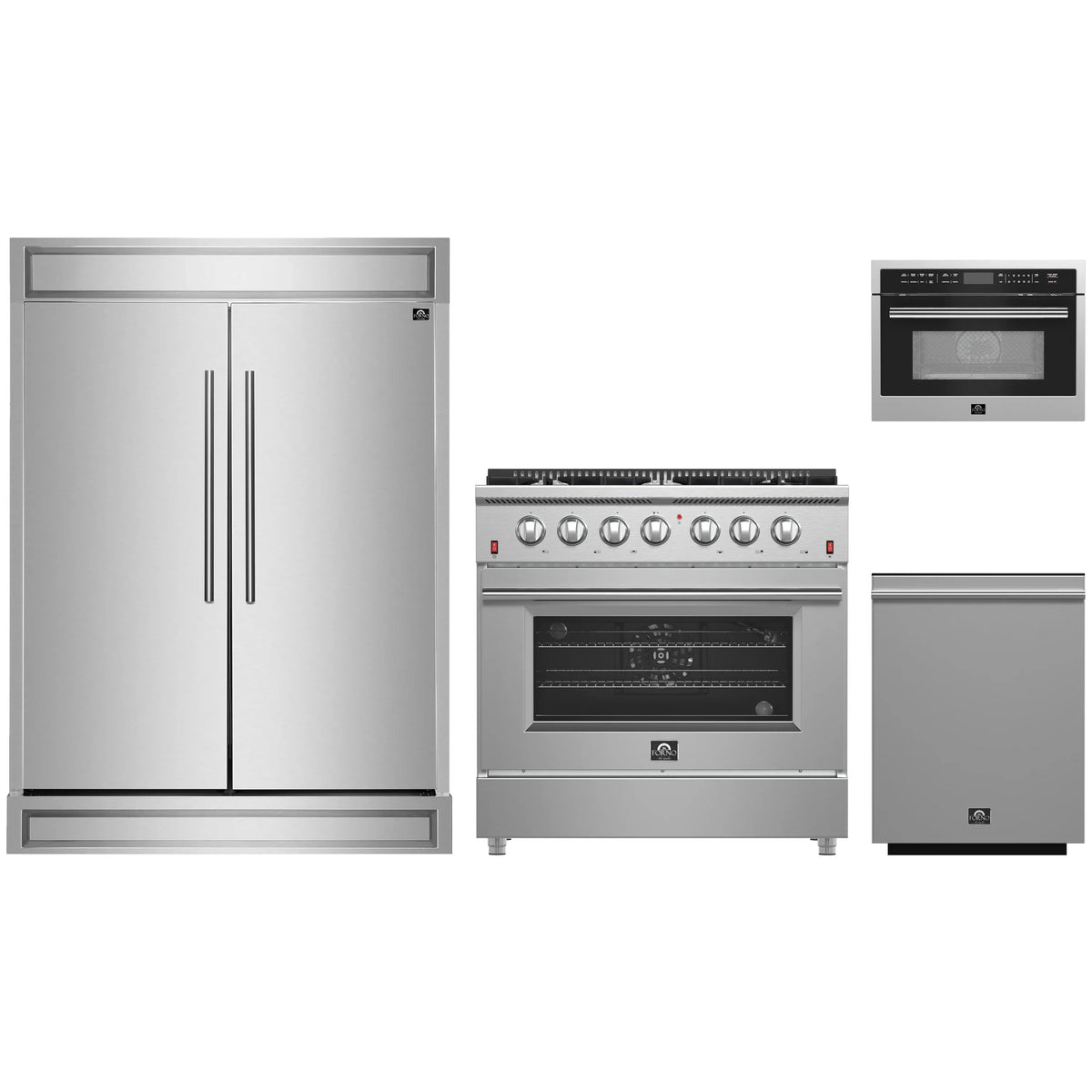 Forno 4-Piece Appliance Package - 36-Inch Gas Range, 60-Inch Pro-Style Refrigerator, 24-Inch Microwave Oven, & 3-Rack Dishwasher in Stainless Steel
