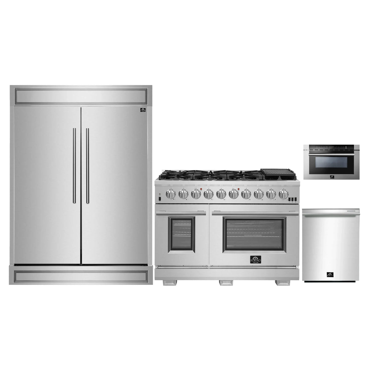 Forno 4-Piece Pro Appliance Package - 48-Inch Gas Range, 60-Inch Pro-Style Refrigerator, 24-Inch Microwave Drawer, & 3-Rack Dishwasher in Stainless Steel
