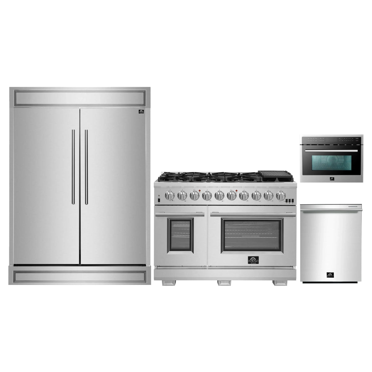 Forno 4-Piece Pro Appliance Package - 48-Inch Gas Range, 60-Inch Pro-Style Refrigerator, 24-Inch Microwave Oven, & 3-Rack Dishwasher in Stainless Steel
