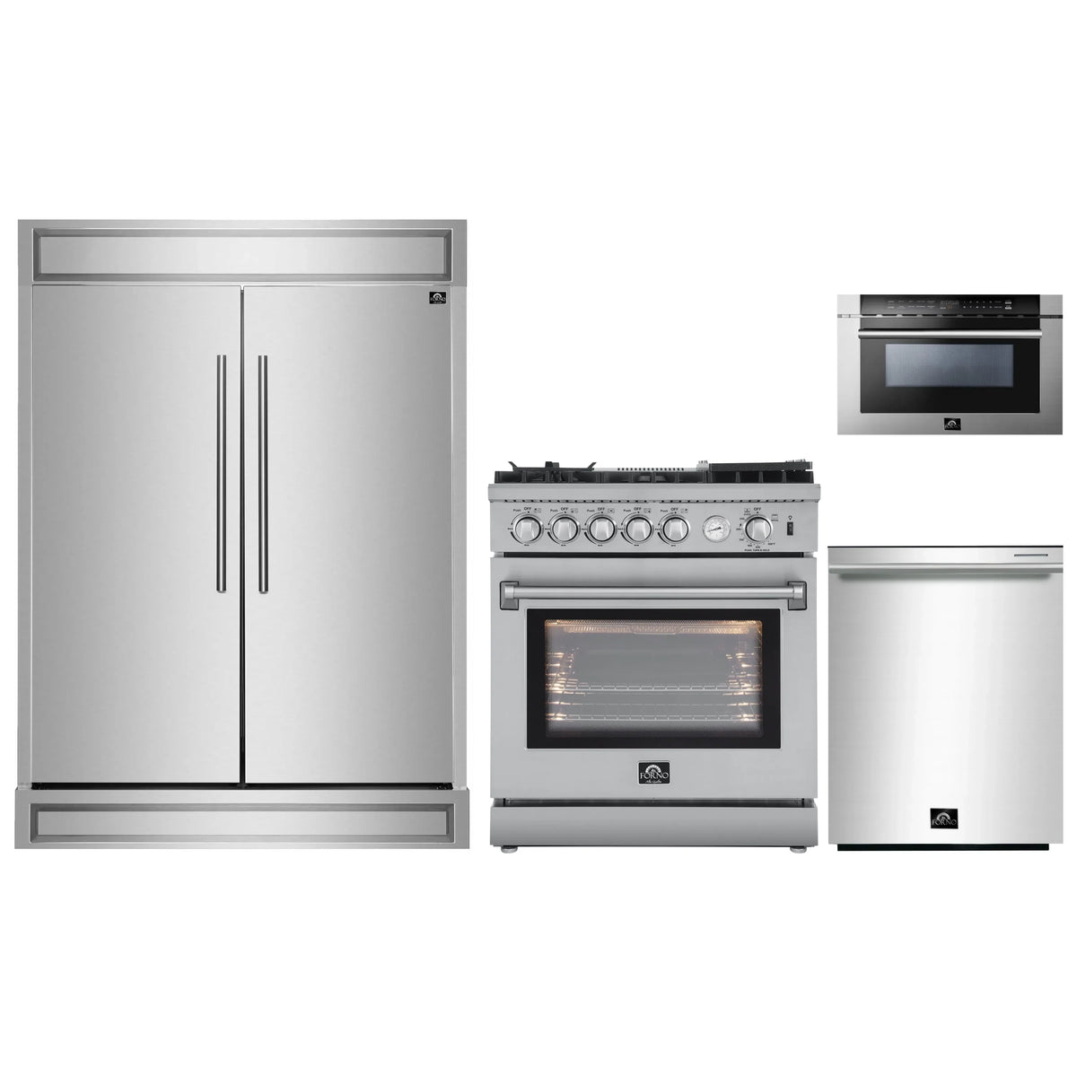 Forno 4-Piece Appliance Package - 30-Inch Gas Range with Air Fryer, 60-Inch Pro-Style Refrigerator, 24-Inch Microwave Drawer, & 3-Rack Dishwasher in Stainless Steel