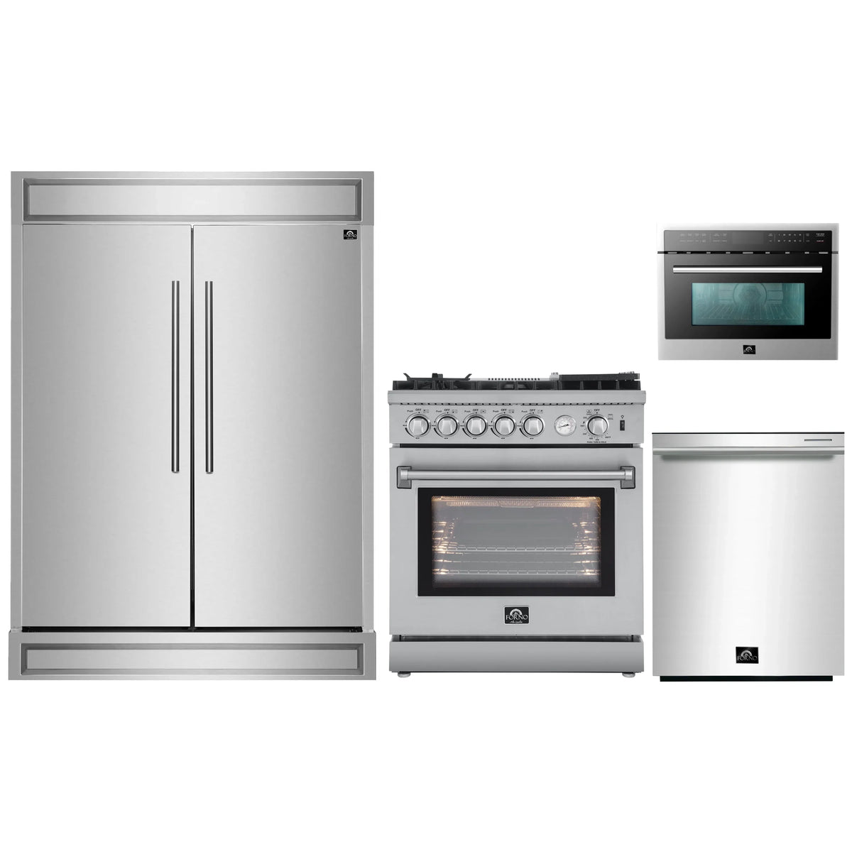 Forno 4-Piece Appliance Package - 30-Inch Gas Range with Air Fryer, 60-Inch Pro-Style Refrigerator, 24-Inch Microwave Oven, & 3-Rack Dishwasher in Stainless Steel