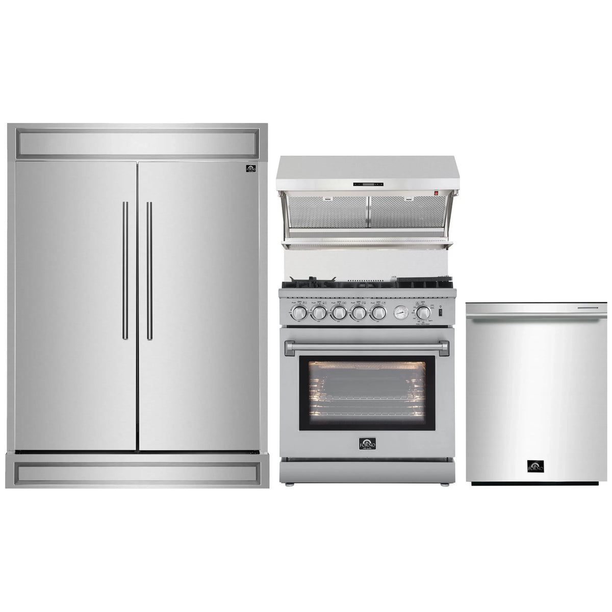Forno 4-Piece Appliance Package - 30-Inch Gas Range with Air Fyer, 60-Inch Pro-Style Refrigerator, Wall Mount Hood with Backsplash, & 3-Rack Dishwasher in Stainless Steel