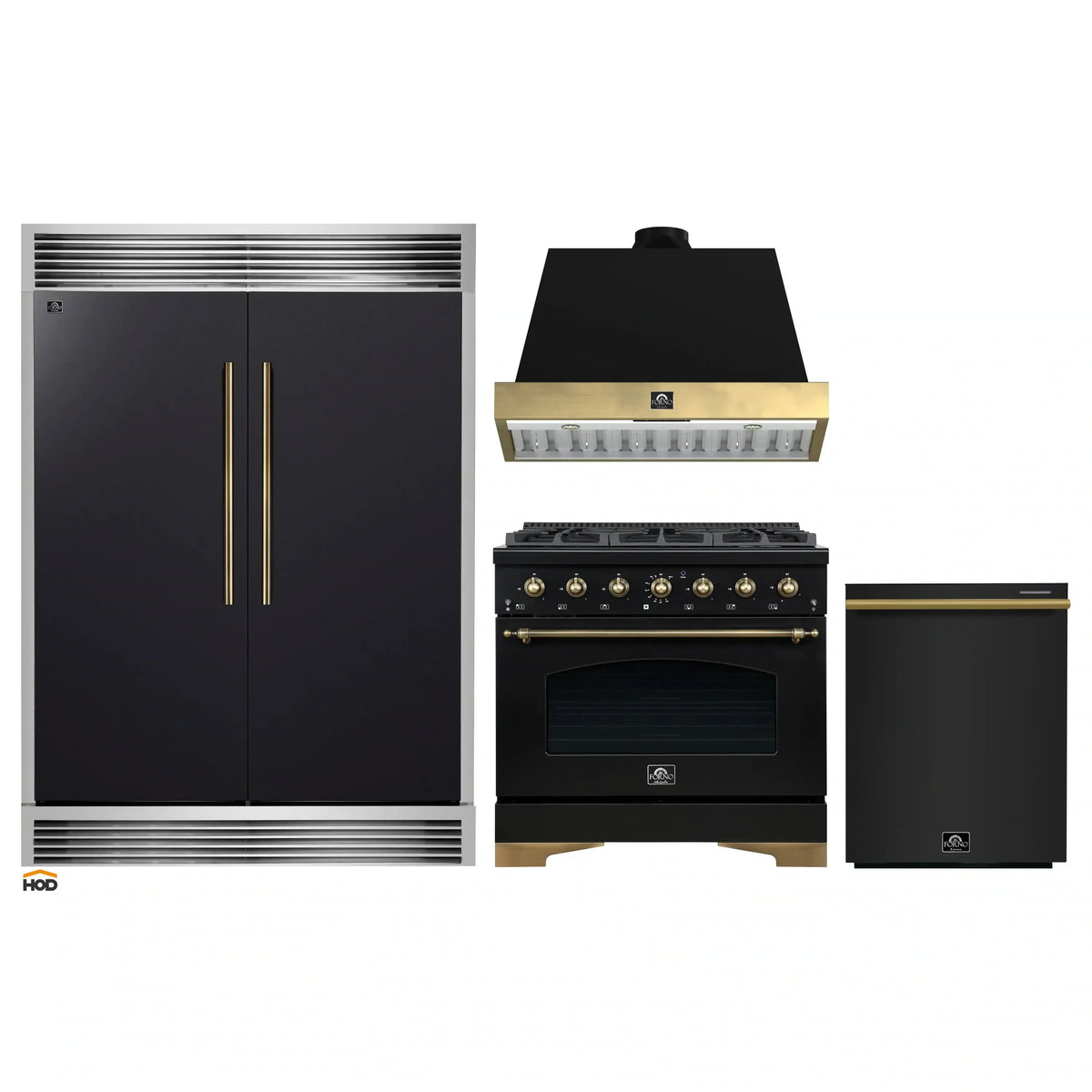 Forno 4-Piece Appliance Package - 36-Inch Dual Fuel Range, Wall Mount Range Hood, 60-Inch Convertible Refrigerator with Modern Grille Trim, and Dishwasher in Black with Antique Brass Trim