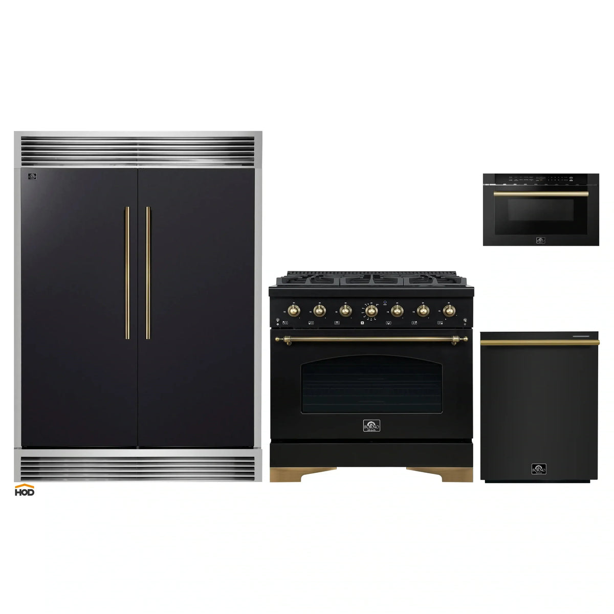 Forno 4-Piece Appliance Package - 36-Inch Dual Fuel Range, 60-Inch Convertible Refrigerator with Modern Grille Trim, Dishwasher, and 24-Inch Microwave Drawer in Black with Antique Brass Trim