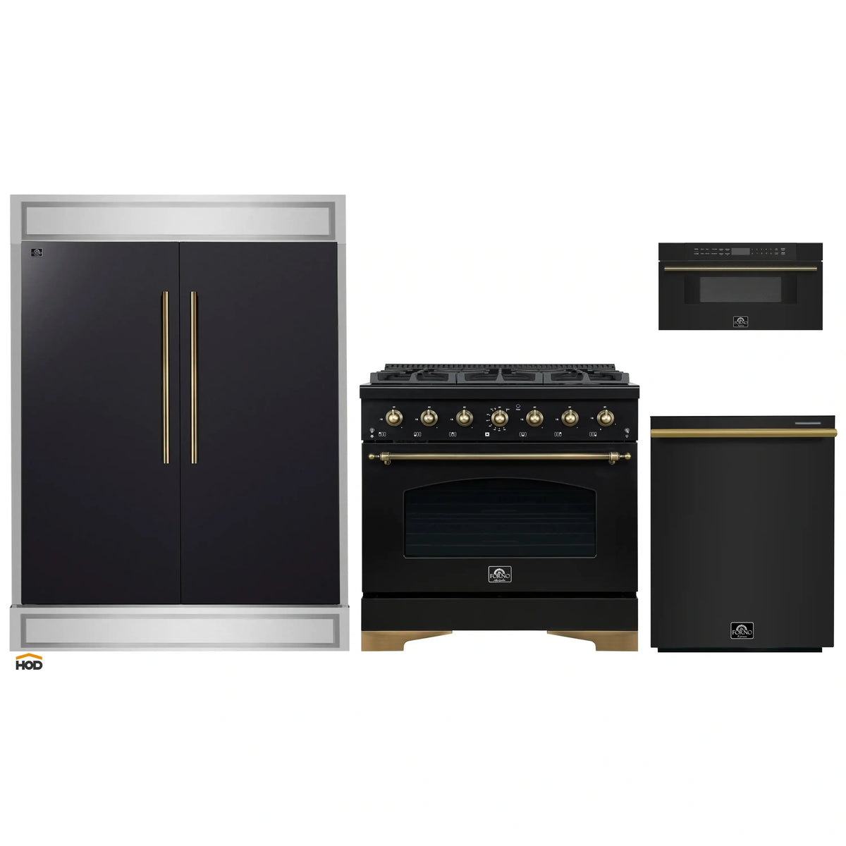 Forno 4-Piece Appliance Package - 36-Inch Dual Fuel Range, 60-Inch Convertible Refrigerator with Modern Trim, Dishwasher, and 30-Inch Microwave Drawer in Black with Antique Brass Trim