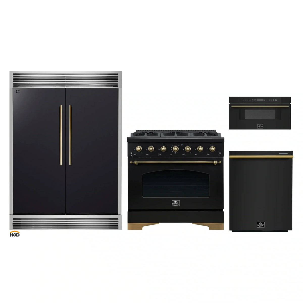 Forno 4-Piece Appliance Package - 36-Inch Dual Fuel Range, 60-Inch Convertible Refrigerator with Modern Grille Trim, Dishwasher, and 30-Inch Microwave Drawer in Black with Antique Brass Trim