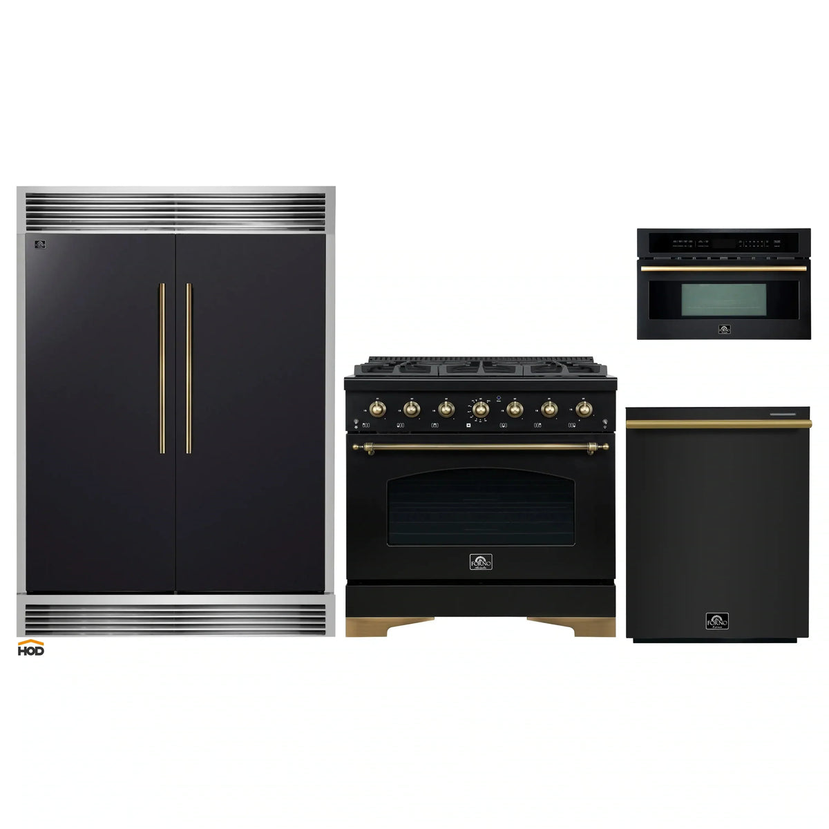 Forno 4-Piece Appliance Package - 36-Inch Dual Fuel Range, 60-Inch Convertible Refrigerator with Modern Grille Trim, Dishwasher, and 30-Inch Microwave Oven in Black with Antique Brass Trim