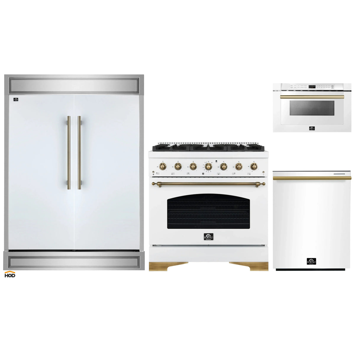 Forno 4-Piece Appliance Package - 36-Inch Dual Fuel Range, 60-Inch Refrigerator, Dishwasher, & 24-Inch Microwave Drawer in White with Antique Brass Trim