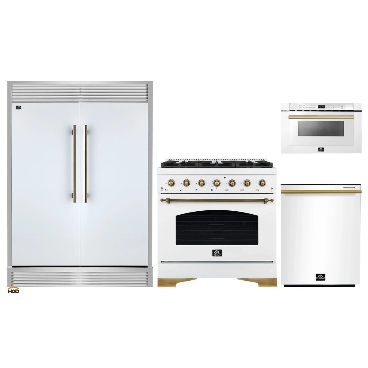 Forno 4-Piece Appliance Package - 36-Inch Antico Dual Fuel Range, 60-Inch Refrigerator, Dishwasher, & 24-Inch Microwave Drawer in White with Antique Brass Trim