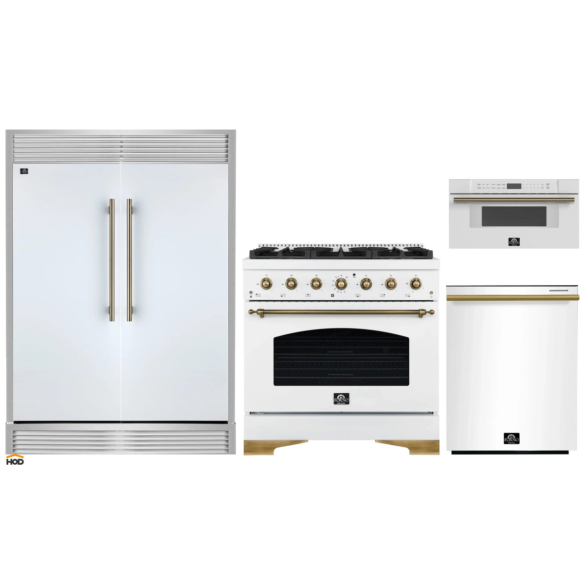 Forno 4-Piece Appliance Package - 36-Inch Antico Dual Fuel Range, 60-Inch Refrigerator, Dishwasher, & 30-Inch Microwave Drawer in White with Antique Brass Trim