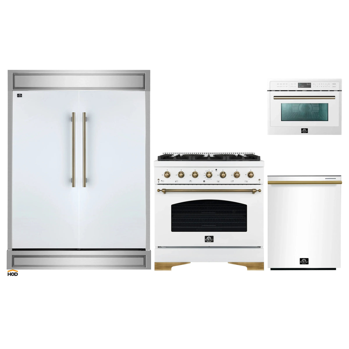 Forno 4-Piece Appliance Package - 36-Inch Dual Fuel Range, 60-Inch Refrigerator, Dishwasher, & 24-Inch Microwave Oven in White with Antique Brass Trim