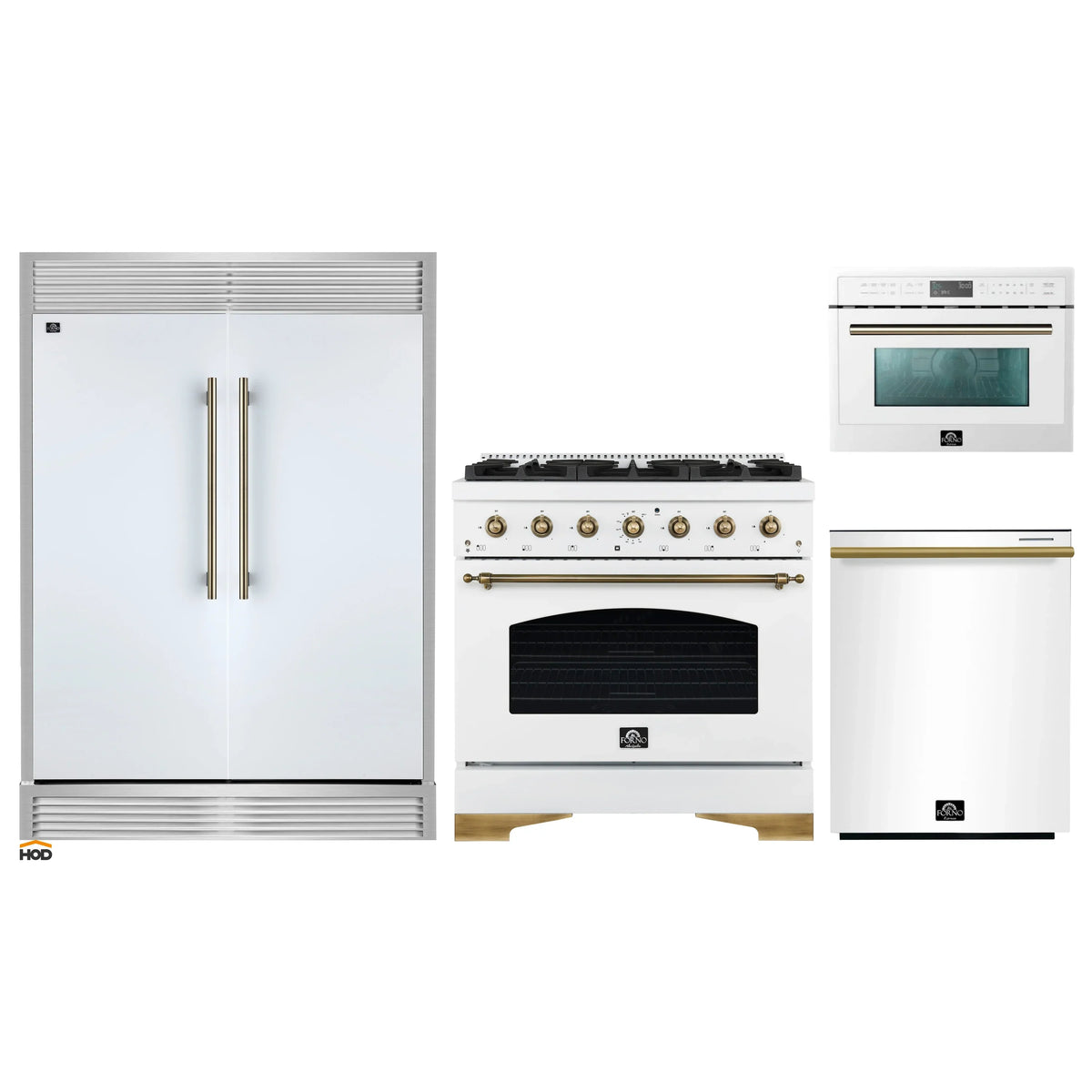 Forno 4-Piece Appliance Package - 36-Inch Antico Dual Fuel Range, 60-Inch Refrigerator, Dishwasher, & 24-Inch Microwave Oven in White with Antique Brass Trim