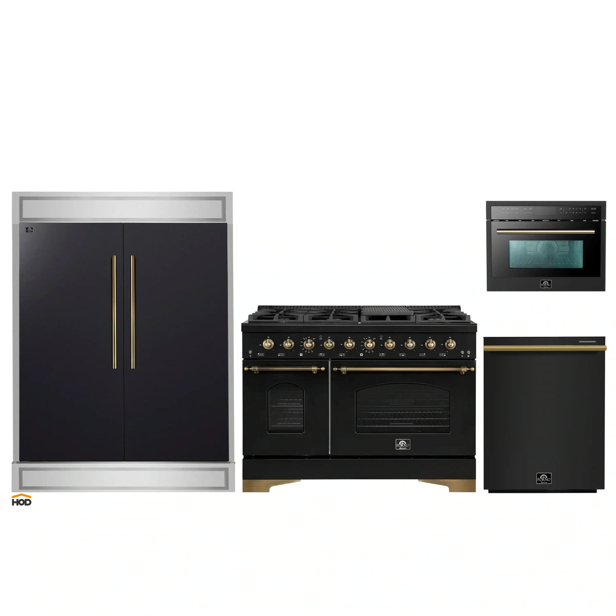 Forno 4-Piece Appliance Package - 48-Inch Dual Fuel Range, 60-Inch Convertible Refrigerator with Modern Trim, Dishwasher, and 24-Inch Microwave Oven in Black with Antique Brass Trim