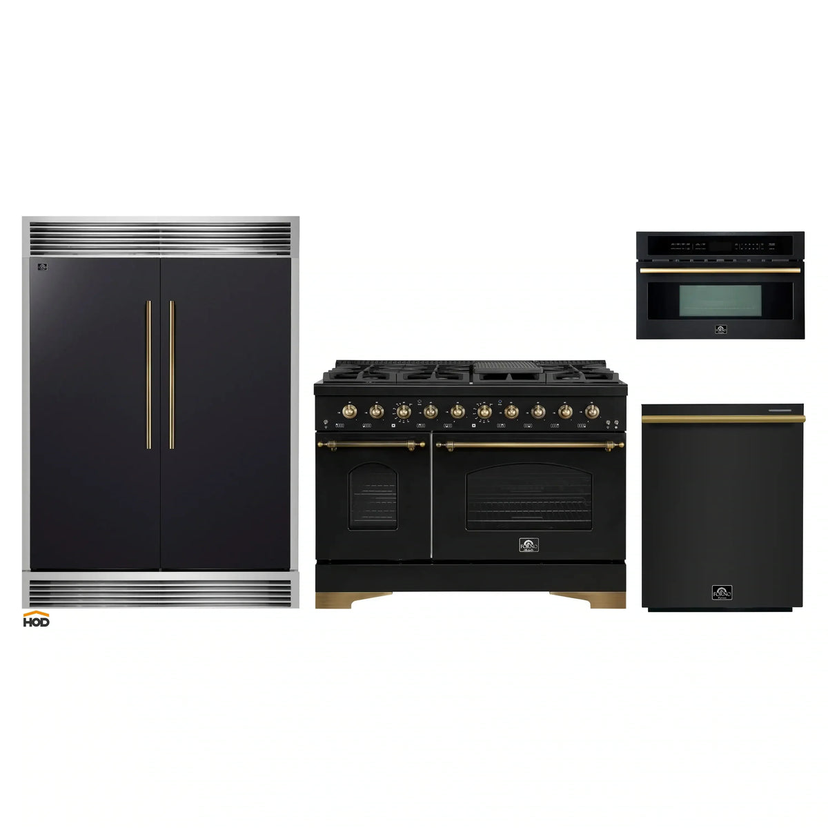 Forno 4-Piece Appliance Package - 48-Inch Dual Fuel Range, 60-Inch Convertible Refrigerator with Modern Grille Trim, Dishwasher, and 30-Inch Microwave Oven in Black with Antique Brass Trim