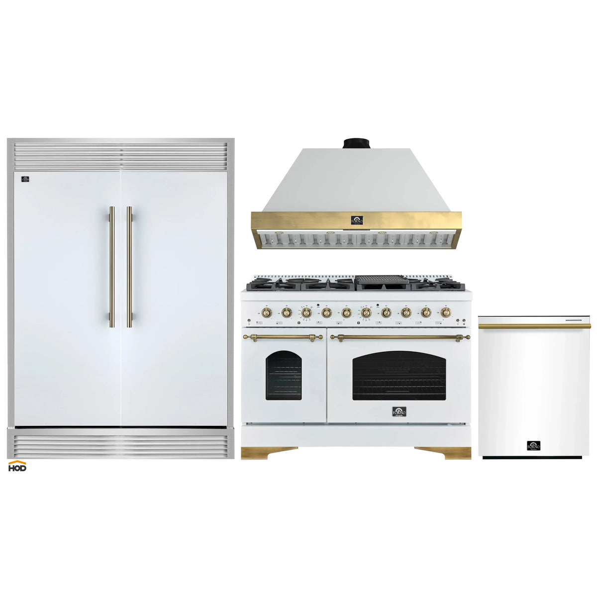Forno 4-Piece Appliance Package - 48-Inch Antico Dual Fuel Range, Wall Mount Range Hood, 60-Inch Refrigerator, Dishwasher in White with Antique Brass Trim