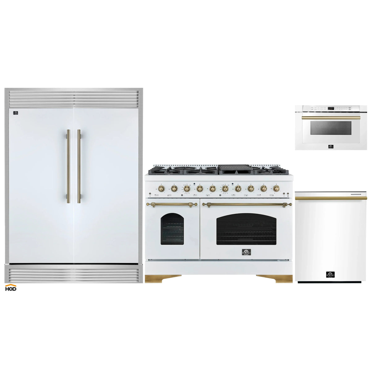 Forno 4-Piece Appliance Package - 48-Inch Antico Dual Fuel Range, 60-Inch Refrigerator, Dishwasher, & 24-Inch Microwave Drawer in White with Antique Brass Trim