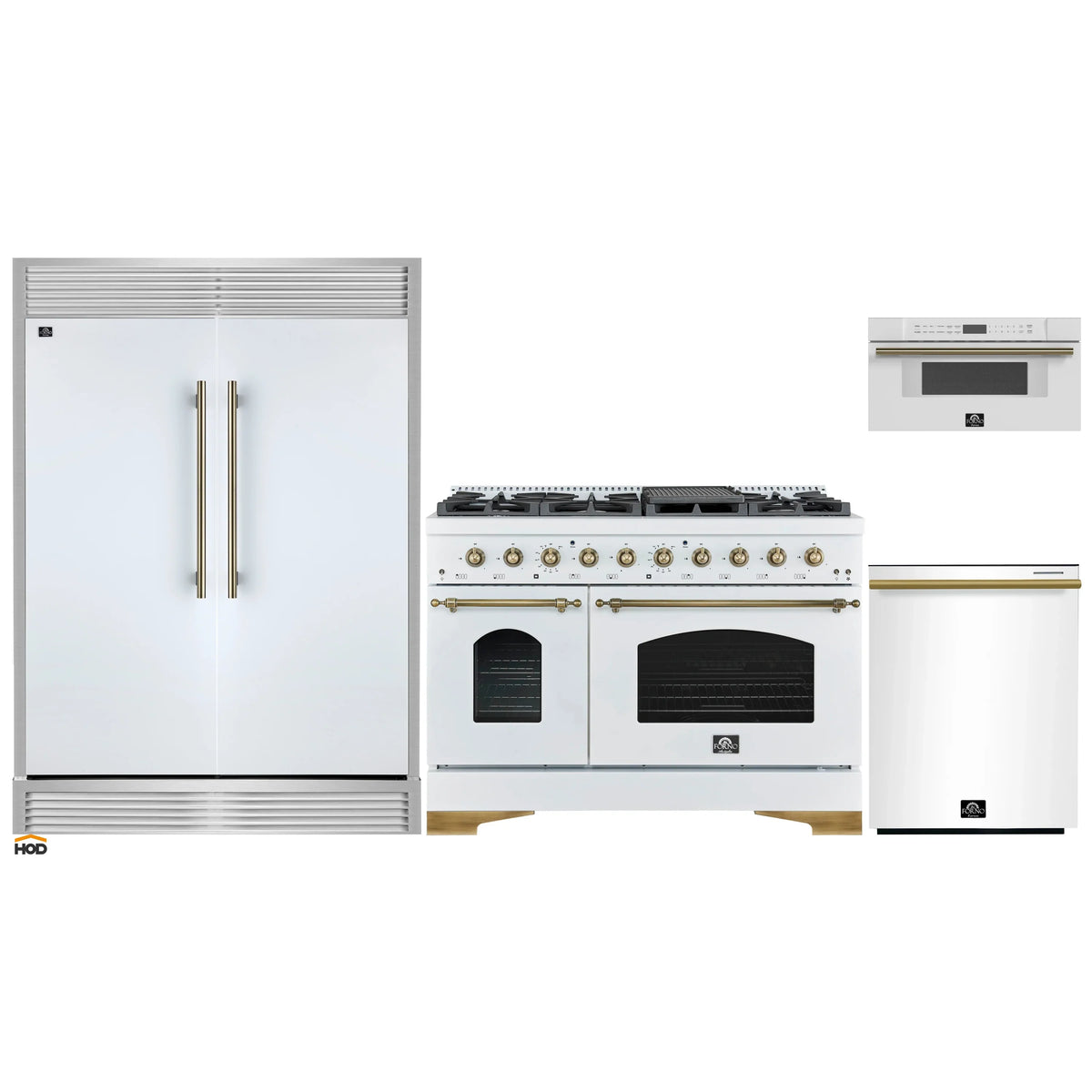 Forno 4-Piece Appliance Package - 48-Inch Antico Dual Fuel Range, 60-Inch Refrigerator, Dishwasher, & 30-Inch Microwave Drawer in White with Antique Brass Trim