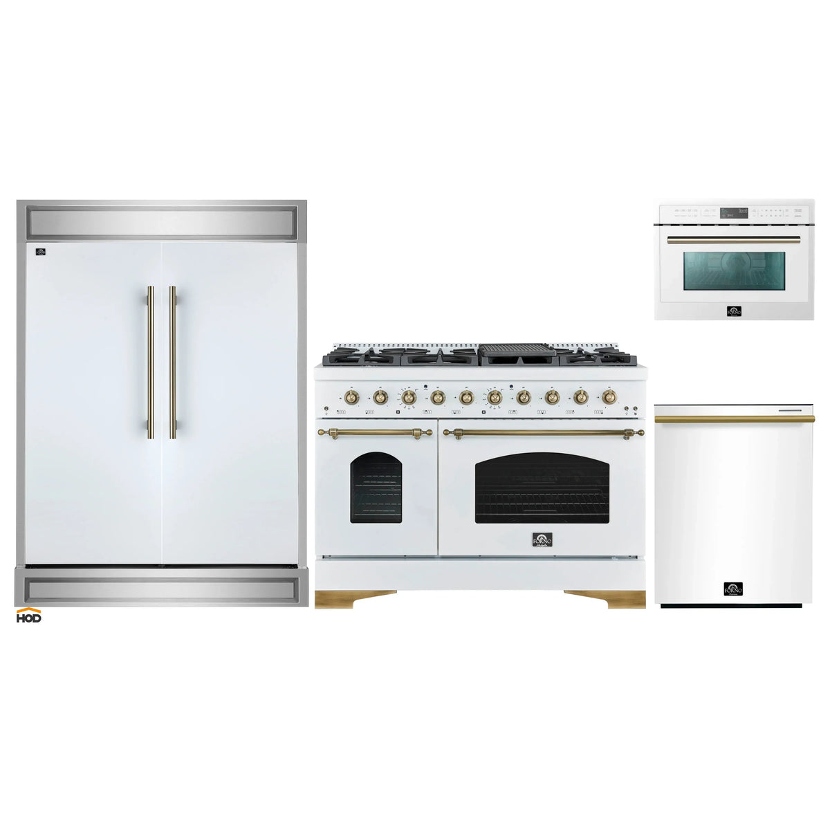 Forno 4-Piece Appliance Package - 48-Inch Dual Fuel Range, 60-Inch Refrigerator, Dishwasher, & 24-Inch Microwave Oven in White with Antique Brass Trim