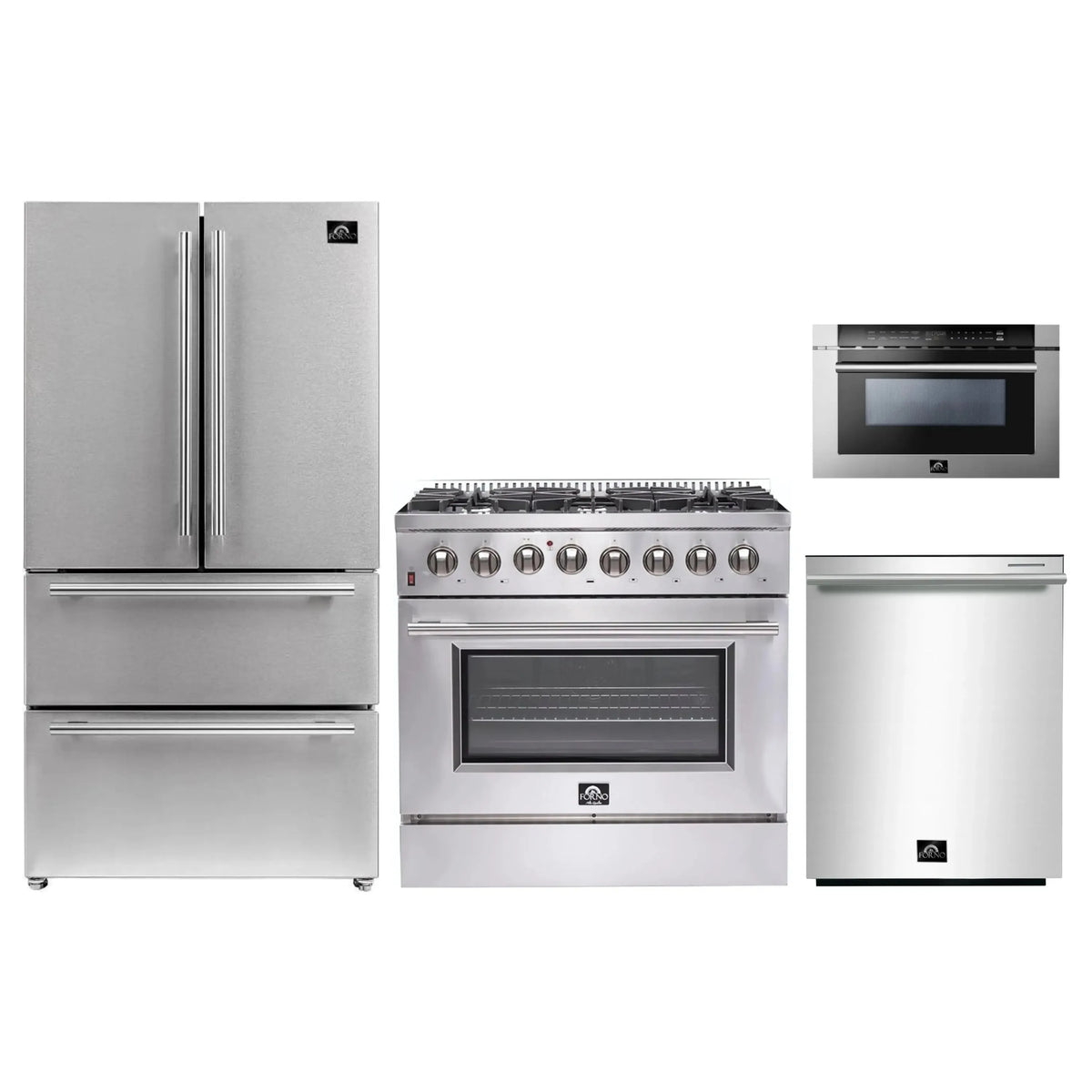 Forno 4-Piece Appliance Package - 36-Inch Dual Fuel Range, Refrigerator, 24-Inch Microwave Drawer, & 3-Rack Dishwasher in Stainless Steel