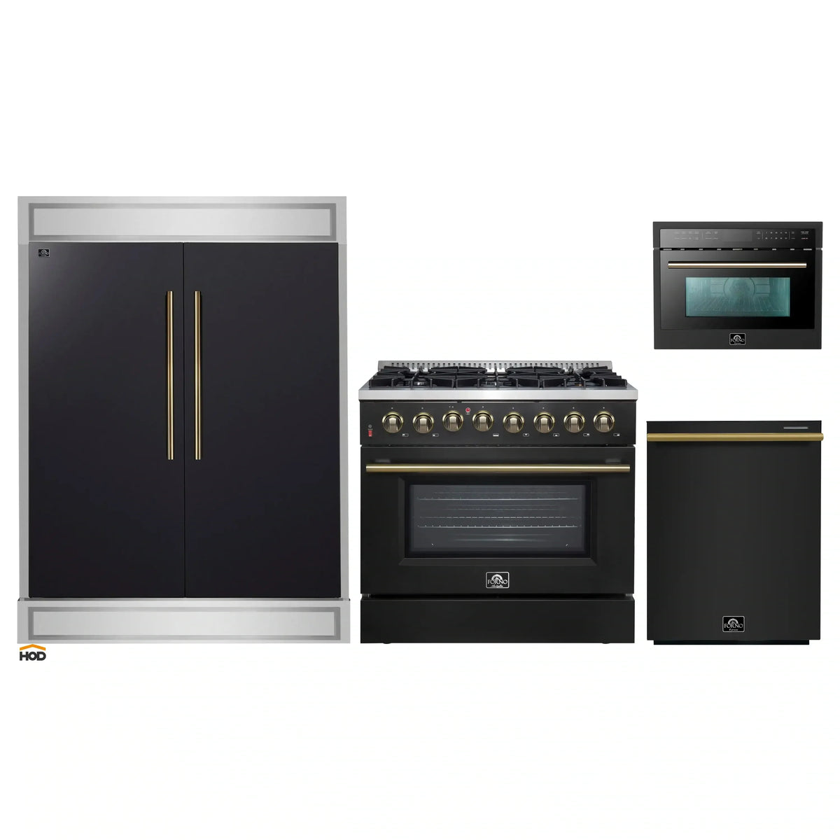 Forno 4-Piece Appliance Package - 36-Inch Dual Fuel Range, 60-Inch Convertible Refrigerator with Modern Trim, Dishwasher, and 24-Inch Microwave Oven in Black with Antique Brass Trim