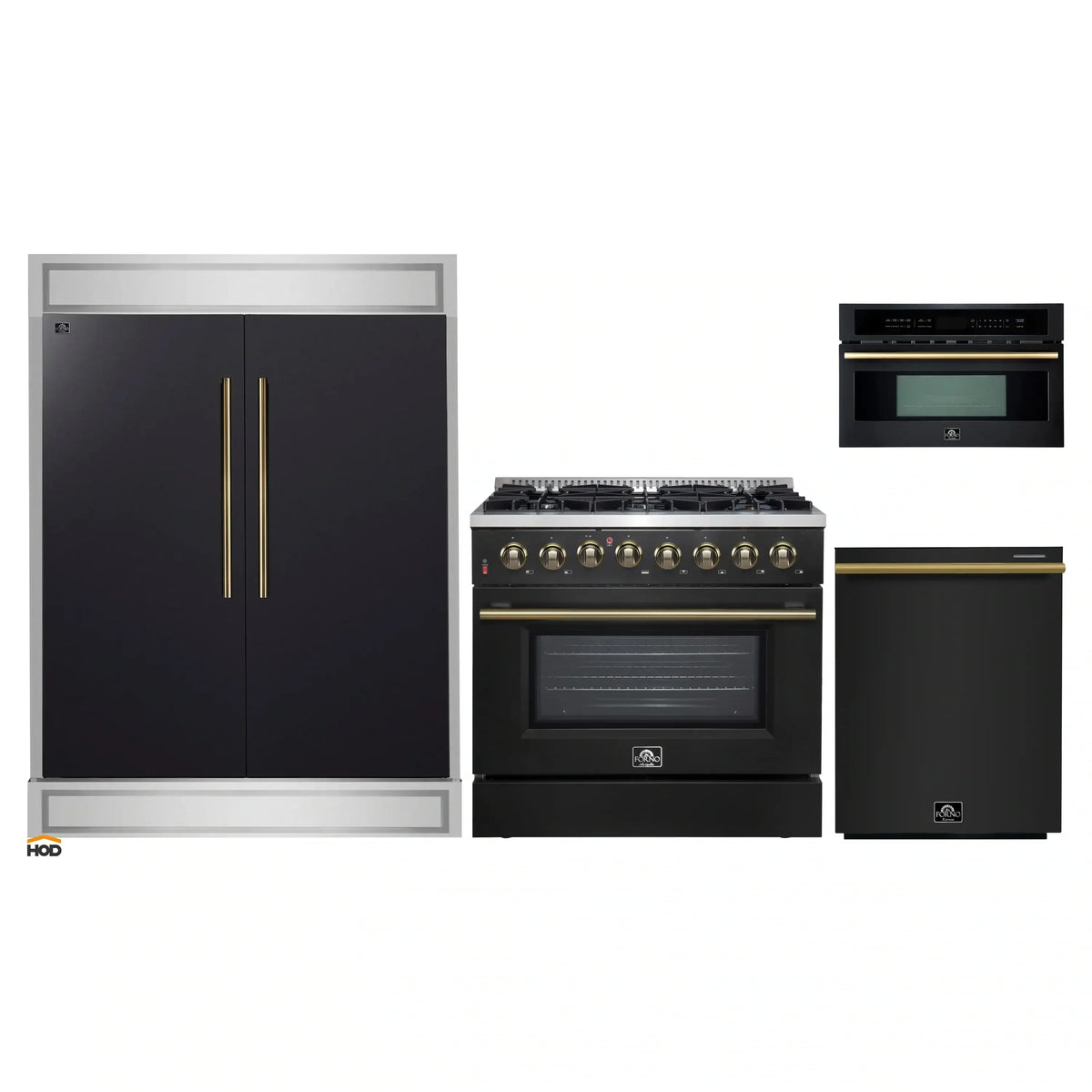 Forno 4-Piece Appliance Package - 36-Inch Dual Fuel Range, 60-Inch Convertible Refrigerator with Modern Trim, Dishwasher, and 30-Inch Microwave Oven in Black with Antique Brass Trim