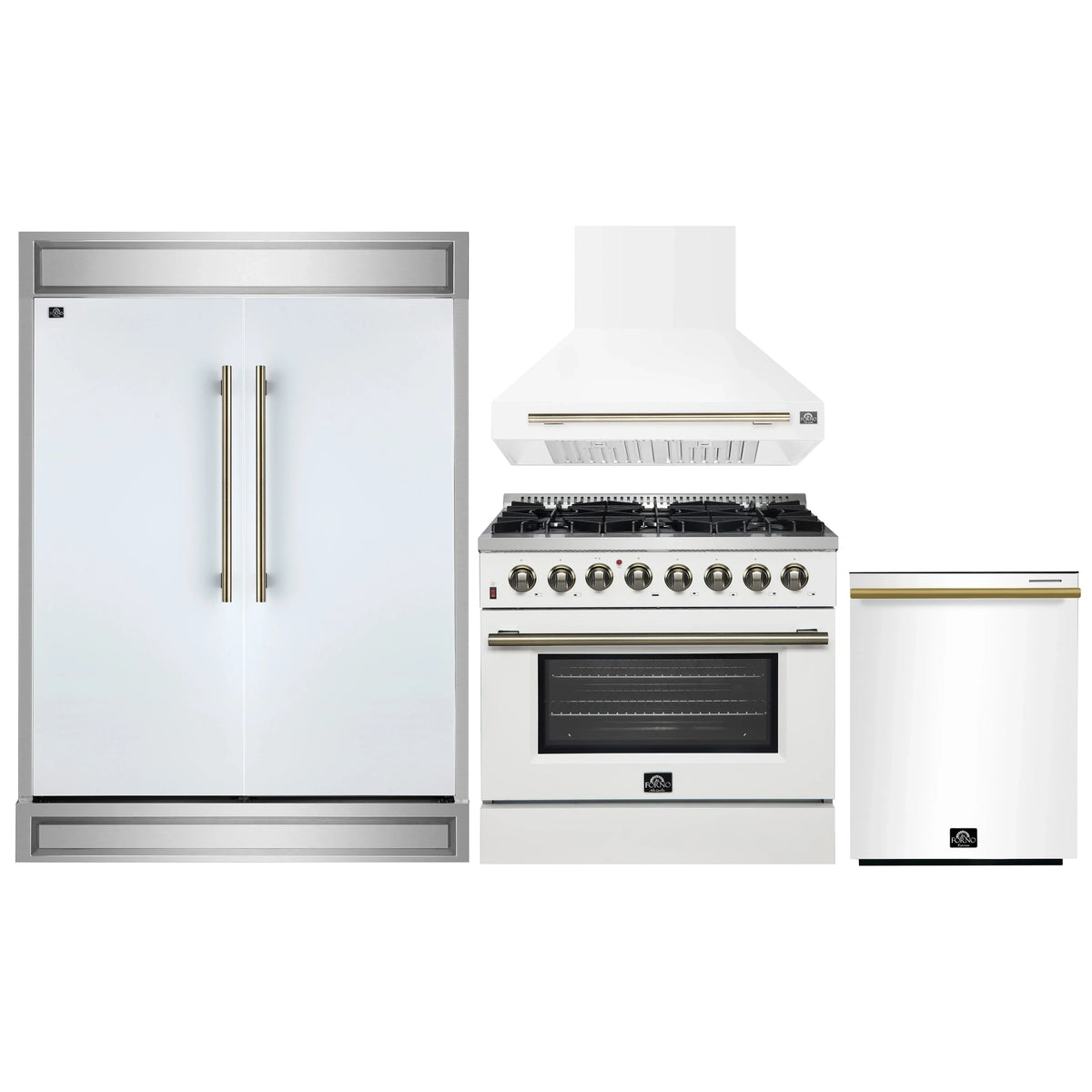 Forno 4-Piece Appliance Package - 36-Inch Dual Fuel Range, Wall Mount Range Hood, 60-Inch Built-In Convertible Refrigerator, and Dishwasher in White with Antique Brass Trim