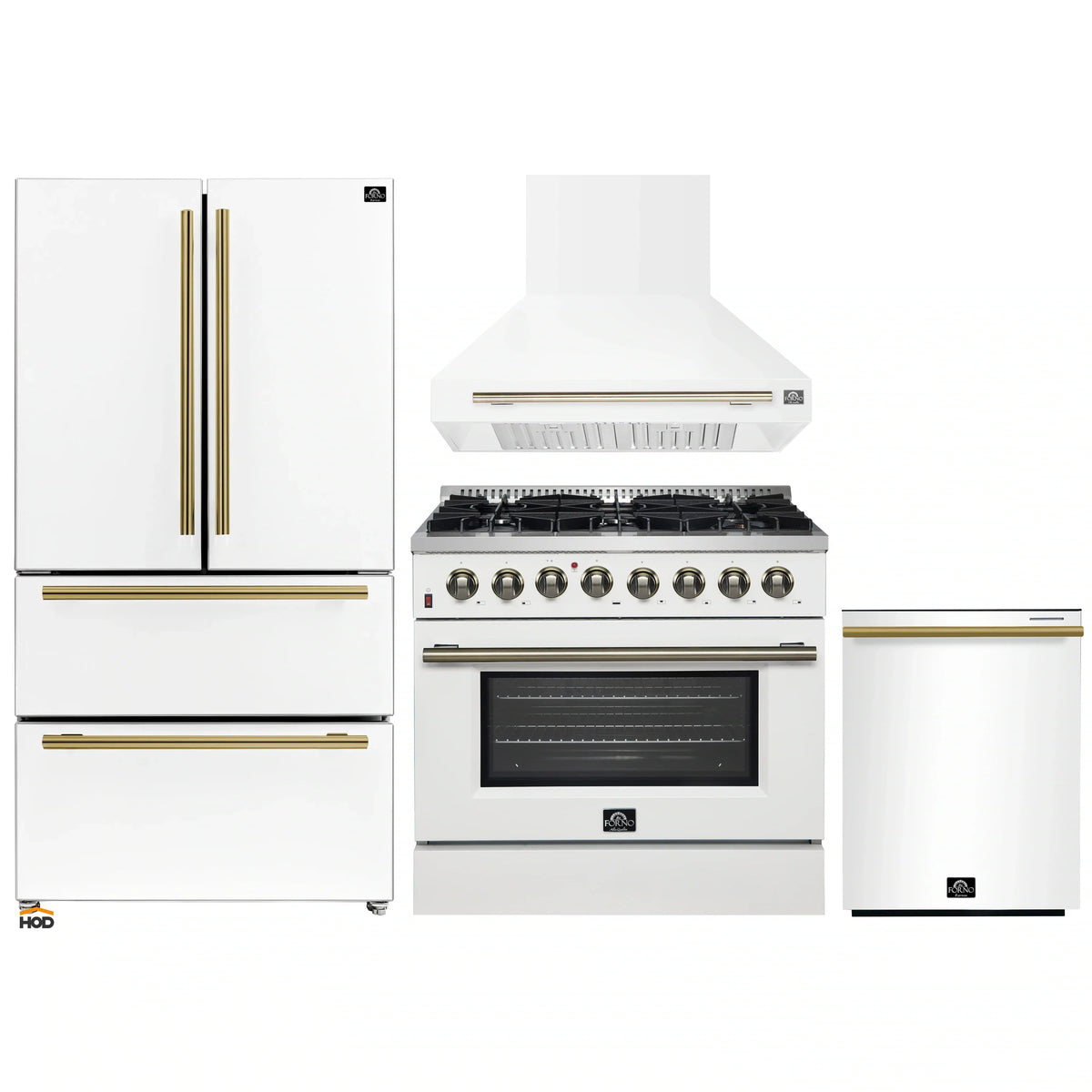 Forno 4-Piece Appliance Package - 36-Inch Dual Fuel Range, Wall Mount Range Hood, 36-Inch French Door Refrigerator, and Dishwasher in White with Antique Brass Trim