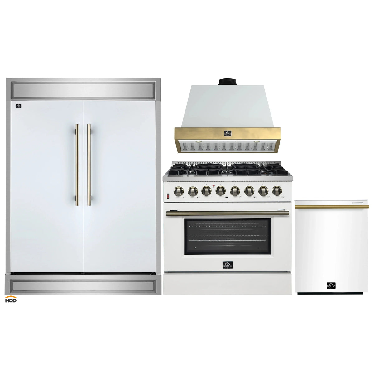 Forno 4-Piece Appliance Package - 36-Inch Dual Fuel Range, Wall Mount Range Hood, 60-Inch Refrigerator, Dishwasher in White with Antique Brass Trim