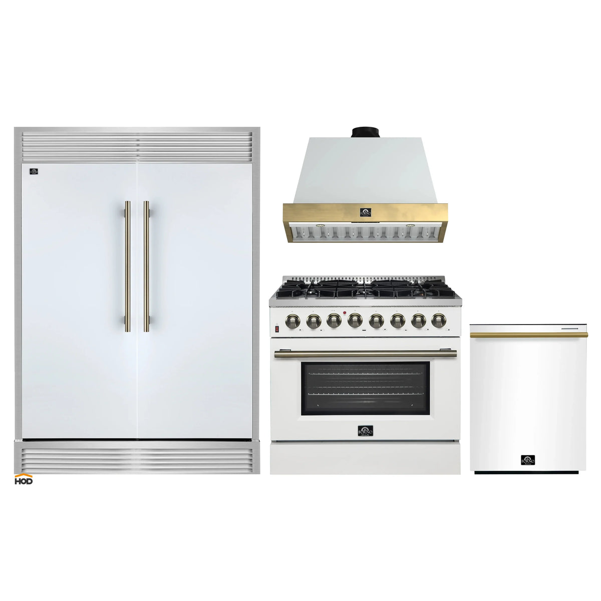 Forno 4-Piece Appliance Package - 36-Inch Galiano Dual Fuel Range, Wall Mount Range Hood, 60-Inch Refrigerator, Dishwasher in White with Antique Brass Trim