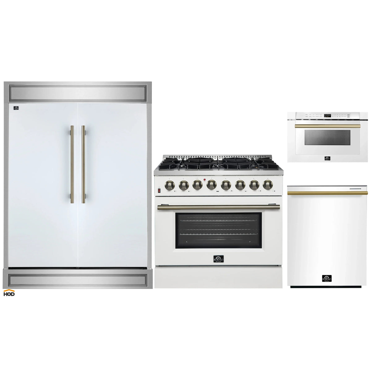 Forno 4-Piece Appliance Package - 36-Inch Dual Fuel Range, 60-Inch Refrigerator, Dishwasher, & 24-Inch Microwave Drawer in White with Antique Brass Trim