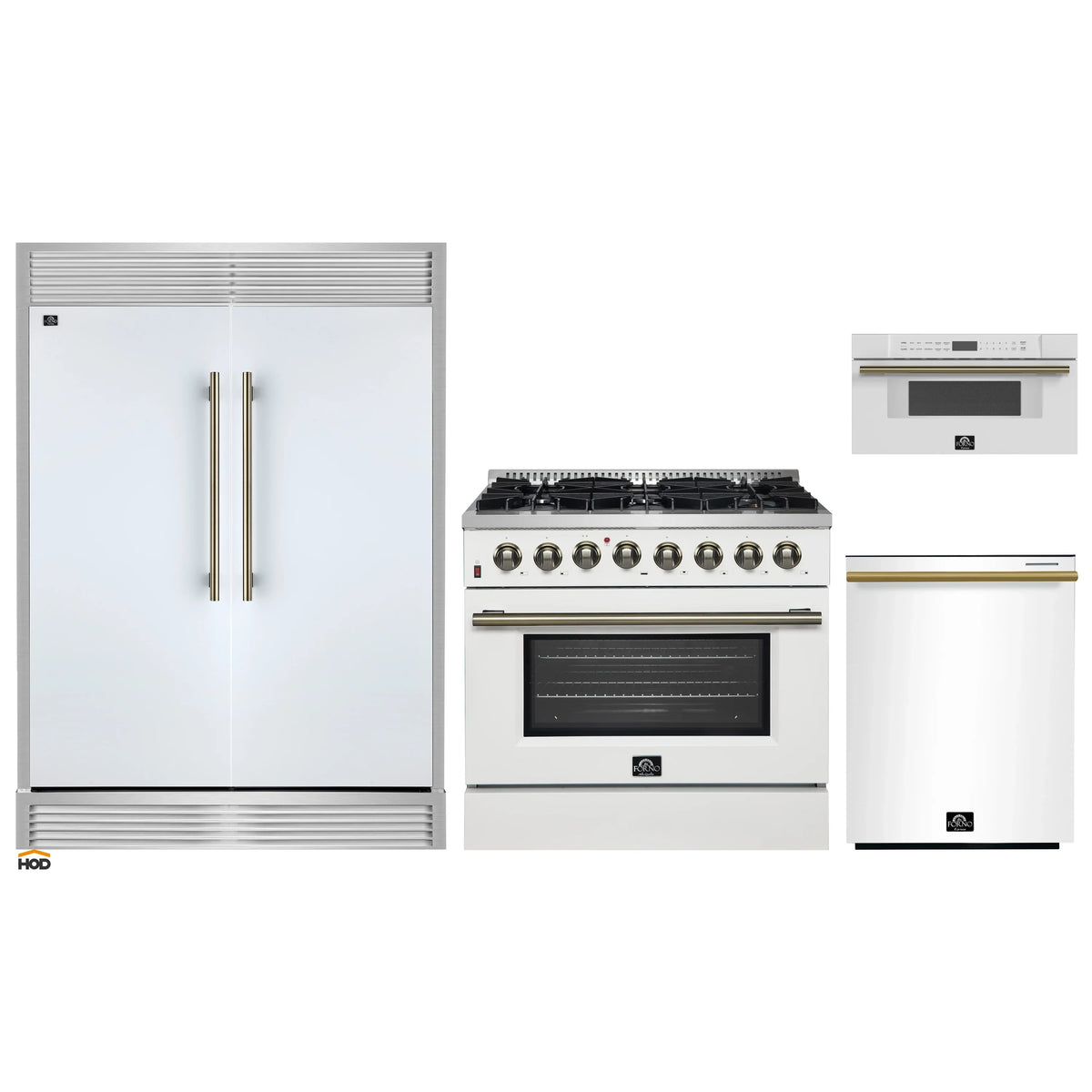 Forno 4-Piece Appliance Package - 36-Inch Galiano Dual Fuel Range, 60-Inch Refrigerator, Dishwasher, & 30-Inch Microwave Drawer in White with Antique Brass Trim