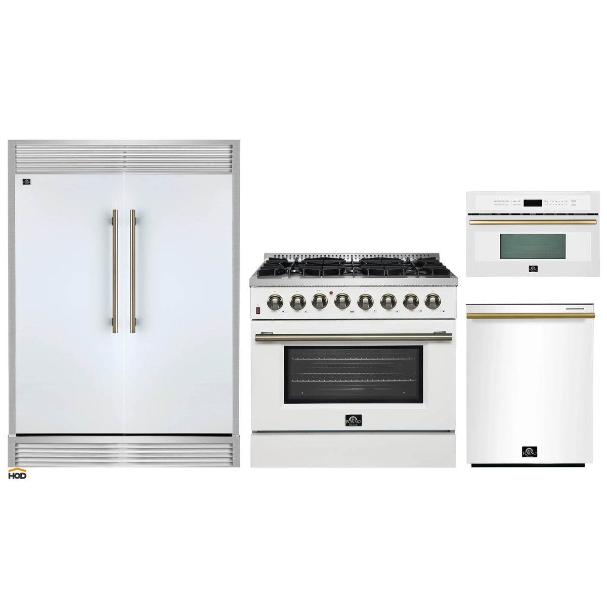 Forno 4-Piece Appliance Package - 36-Inch Galiano Dual Fuel Range, 60-Inch Refrigerator, Dishwasher, & 30-Inch Microwave Oven in White with Antique Brass Trim