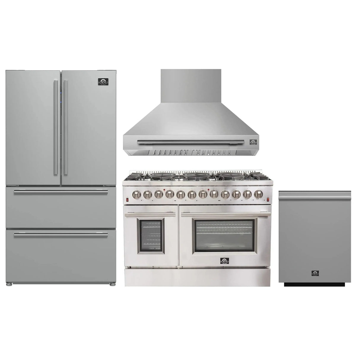 Forno 4-Piece Appliance Package - 48-Inch Dual Fuel Range, Wall Mount Range Hood, 36-Inch French Door Refrigerator, and Dishwasher in Stainless Steel