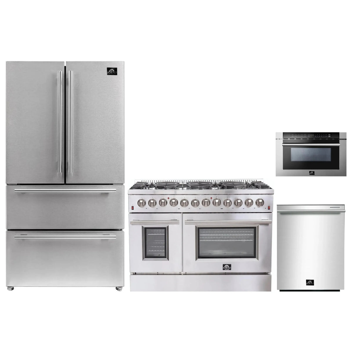 Forno 4-Piece Appliance Package - 48-Inch Dual Fuel Range, Refrigerator, 24-Inch Microwave Drawer, & 3-Rack Dishwasher in Stainless Steel