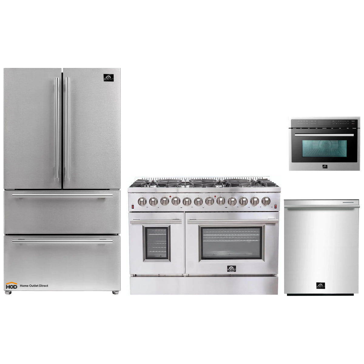 Forno 4-Piece Appliance Package - 48-Inch Dual Fuel Range, Refrigerator, 24-Inch Microwave Oven, & 3-Rack Dishwasher in Stainless Steel