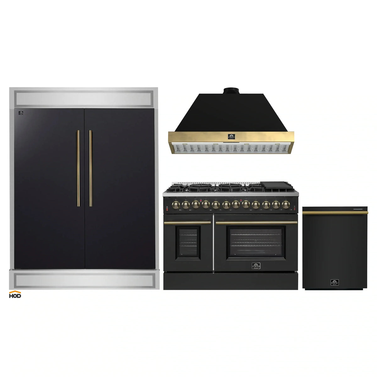Forno 4-Piece Appliance Package - 48-Inch Dual Fuel Range, 60-Inch Convertible Refrigerator with Modern Trim, Dishwasher, in Black with Antique Brass Trim