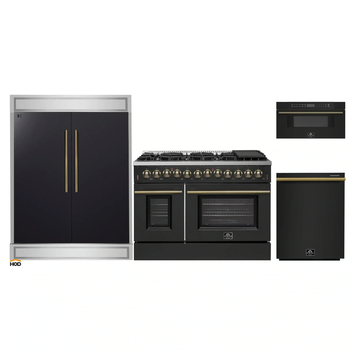 Forno 4-Piece Appliance Package - 48-Inch Dual Fuel Range, 60-Inch Convertible Refrigerator with Modern Trim, Dishwasher, and 30-Inch Microwave Drawer in Black with Antique Brass Trim