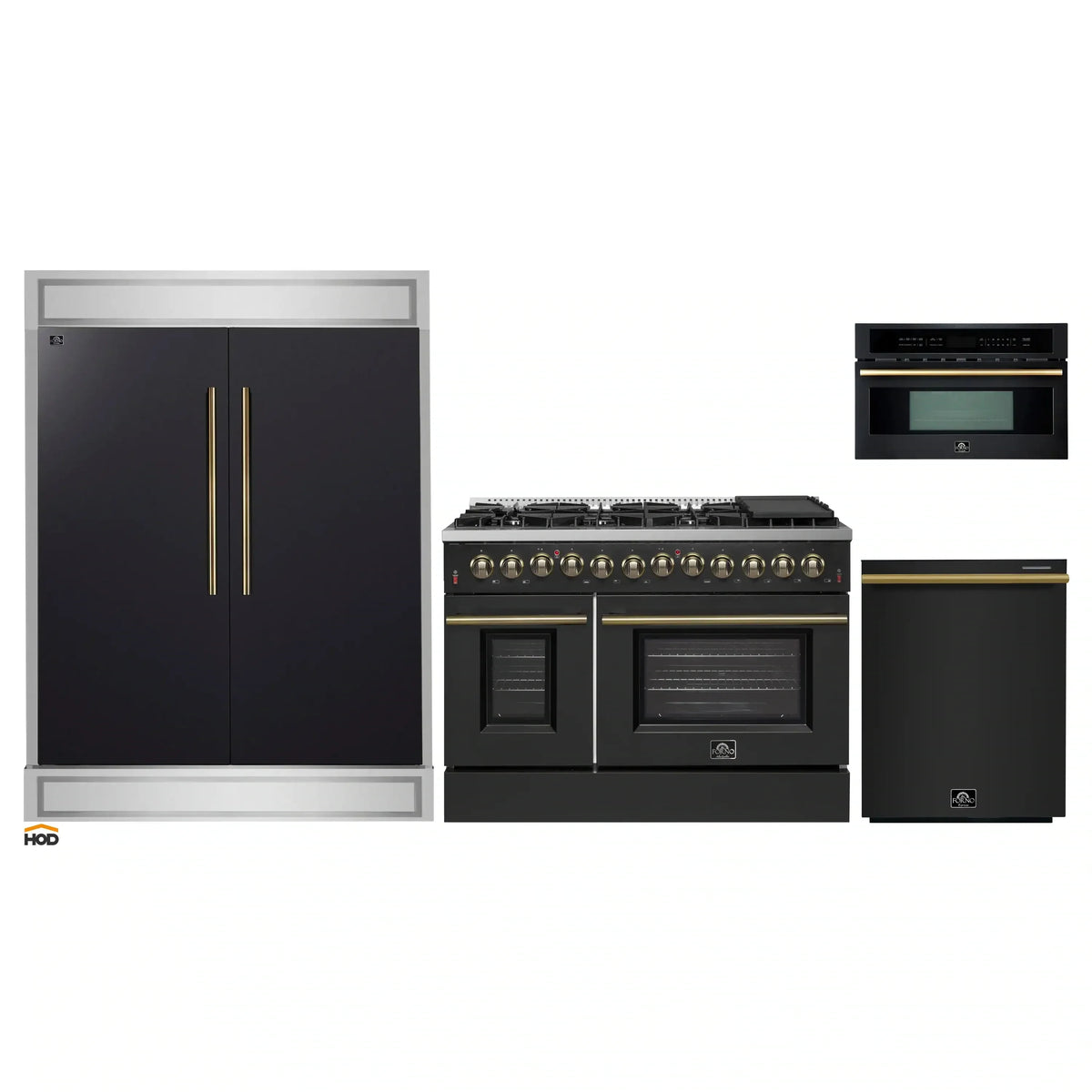 Forno 4-Piece Appliance Package - 48-Inch Dual Fuel Range, 60-Inch Convertible Refrigerator with Modern Trim, Dishwasher, and 30-Inch Microwave Oven in Black with Antique Brass Trim