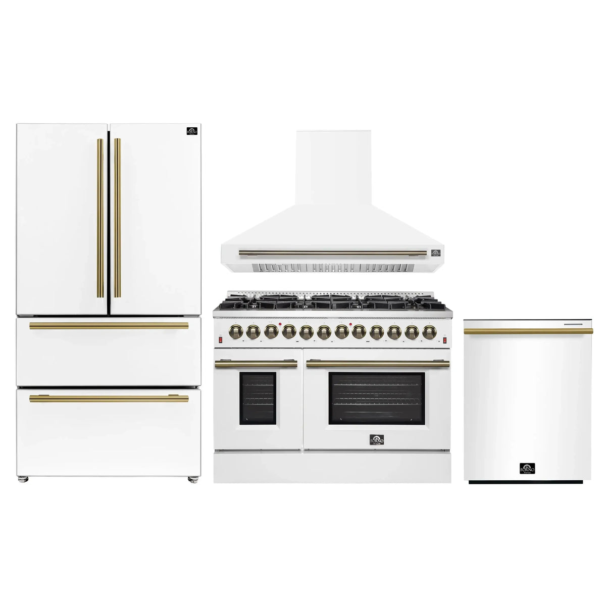 Forno 4-Piece Appliance Package - 48-Inch Dual Fuel Range, Wall Mount Range Hood, 36-Inch French Door Refrigerator, and Dishwasher in White with Antique Brass Trim