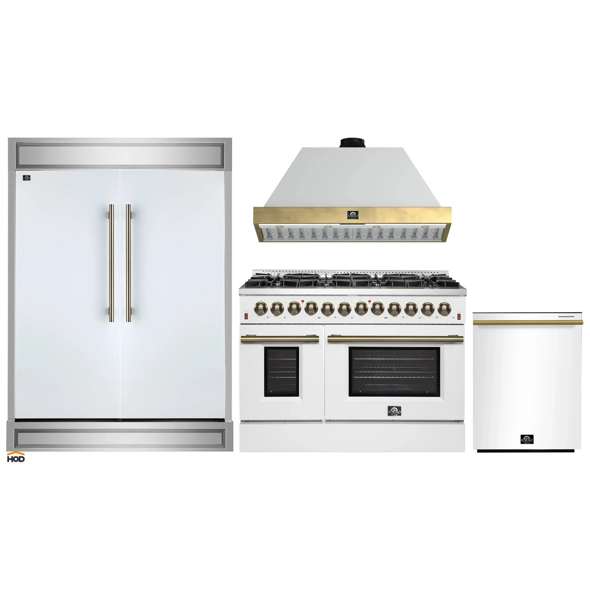 Forno 4-Piece Appliance Package - 48-Inch Dual Fuel Range, Wall Mount Range Hood, 60-Inch Refrigerator, Dishwasher in White with Antique Brass Trim