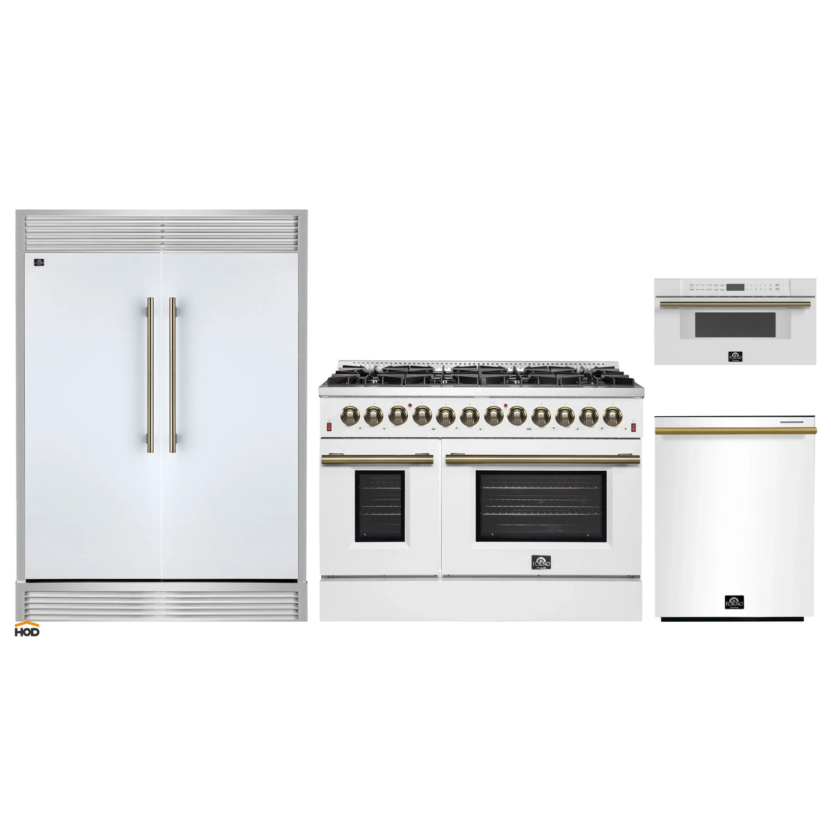 Forno 4-Piece Appliance Package - 48-Inch Galiano Dual Fuel Range, 60-Inch Refrigerator, Dishwasher, & 30-Inch Microwave Drawer in White with Antique Brass Trim