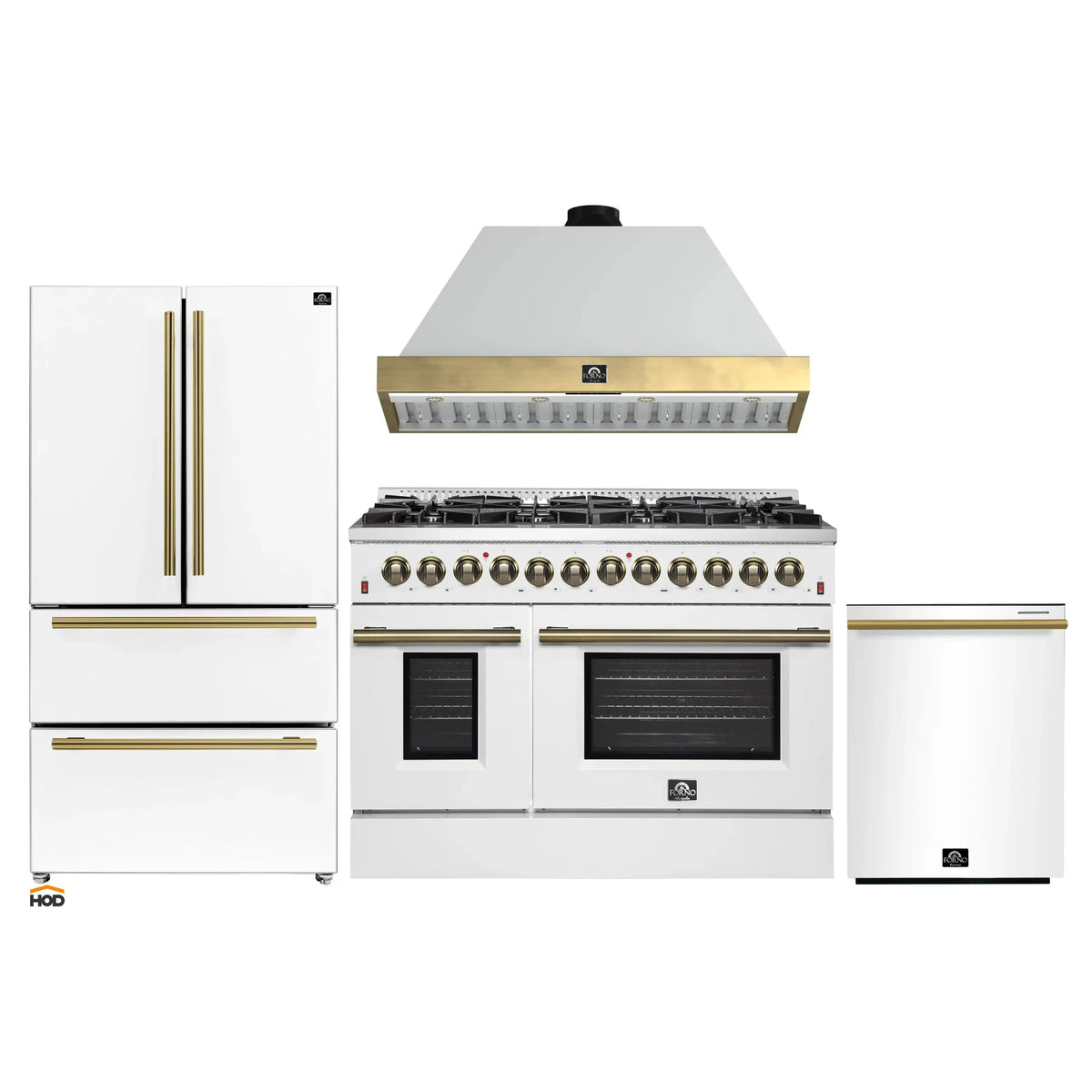 Forno Galiano 4-Piece Appliance Package - 48-Inch Dual Fuel Range, 48-Inch Hood, 36-Inch Refrigerator, & 24-Inch Dishwasher in White with Antique Brass Trim