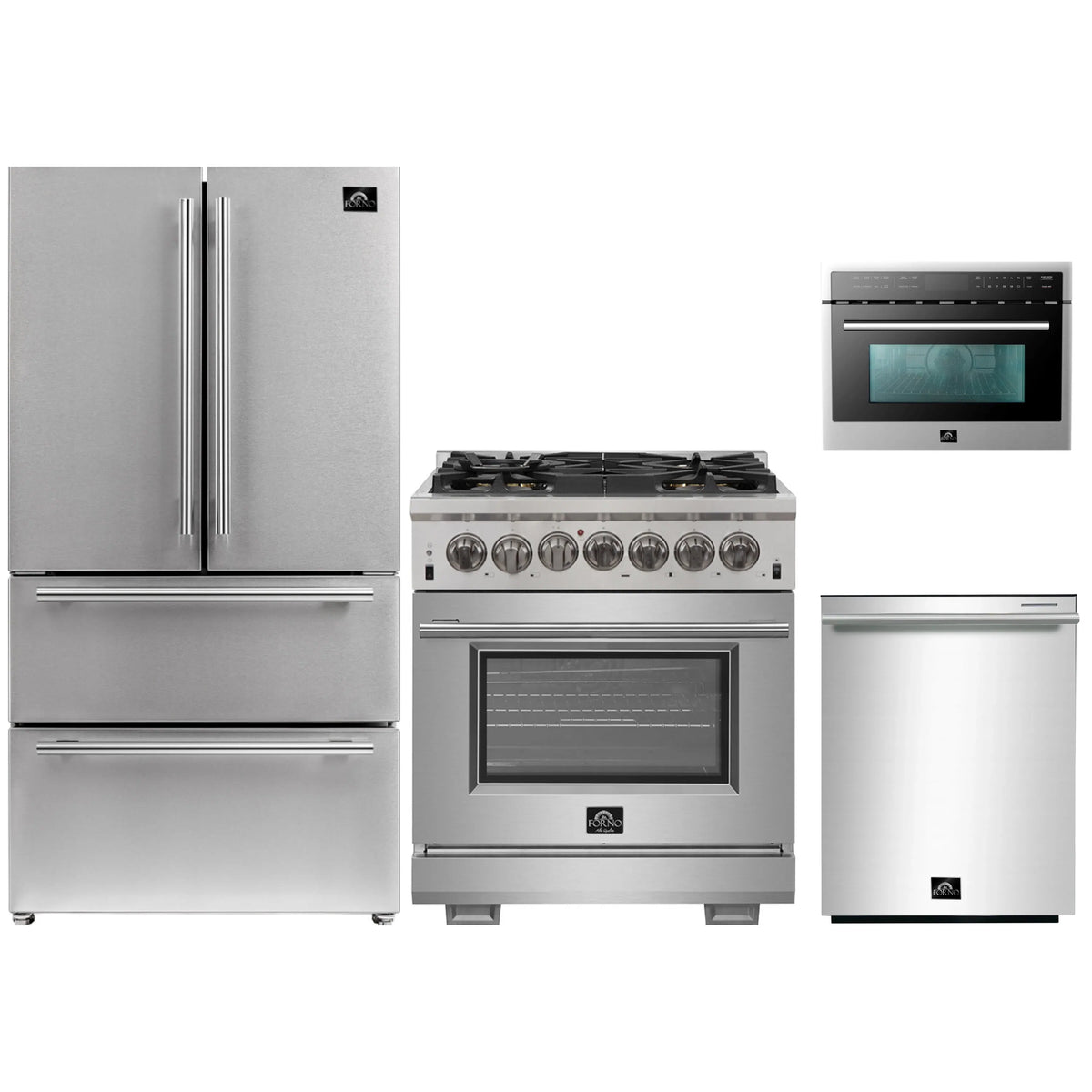 Forno 4-Piece Pro Appliance Package - 30-Inch Dual Fuel Range, Refrigerator, 24-Inch Microwave Oven, & 3-Rack Dishwasher in Stainless Steel