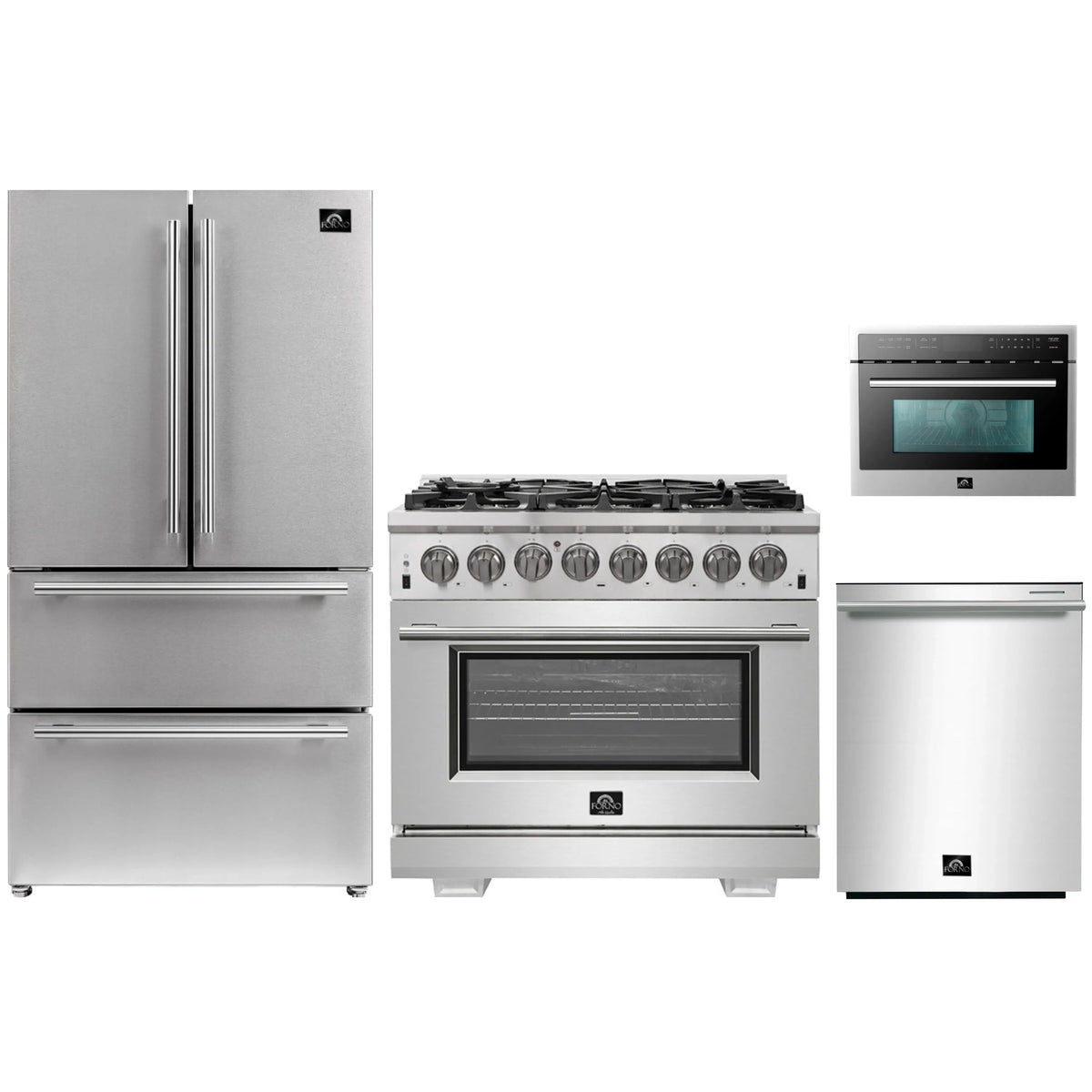 Forno 4-Piece Pro Appliance Package - 36-Inch Dual Fuel Range, Refrigerator, 24-Inch Microwave Oven, & 3-Rack Dishwasher in Stainless Steel