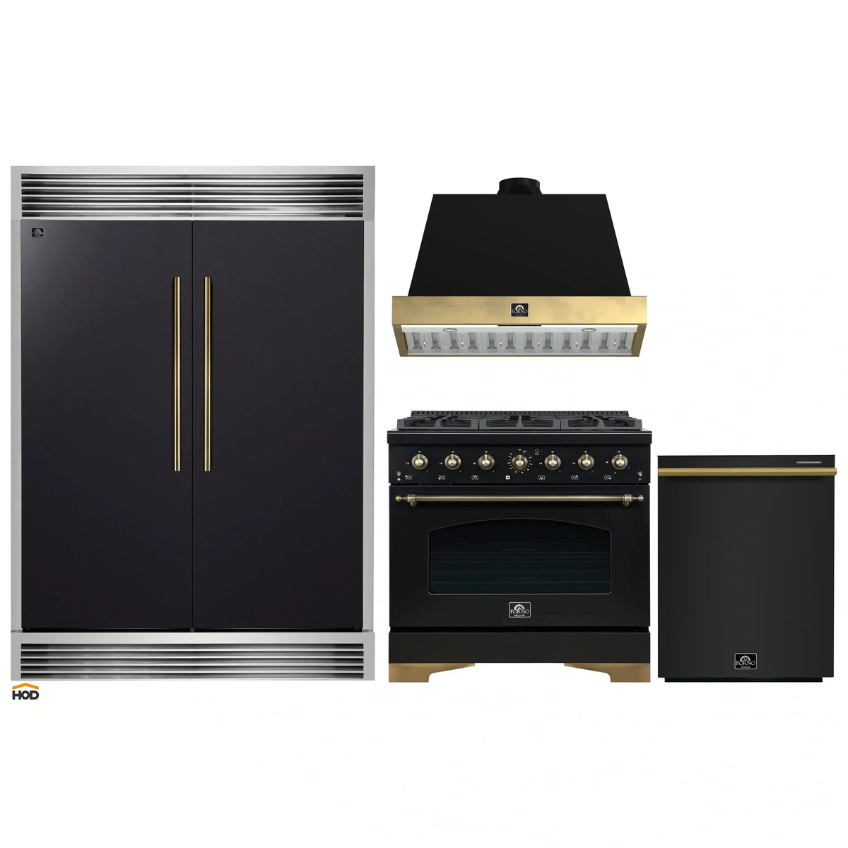 Forno 4-Piece Appliance Package - 36-Inch Gas Range, Wall Mount Range Hood, 60-Inch Convertible Refrigerator with Modern Grille Trim, and Dishwasher in Black with Antique Brass Trim